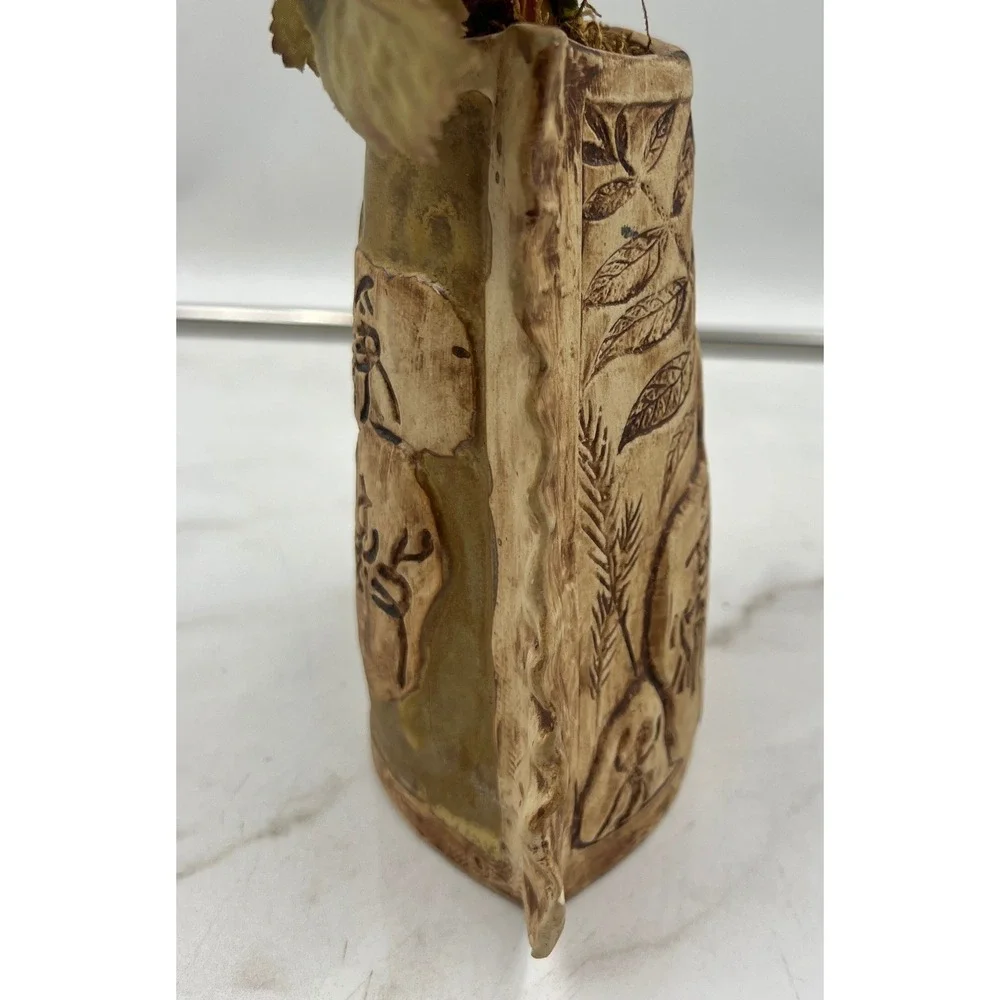 Vintage Asian Ceramic Vase with Chinese Calligraphy and Dried Floral Arrangement